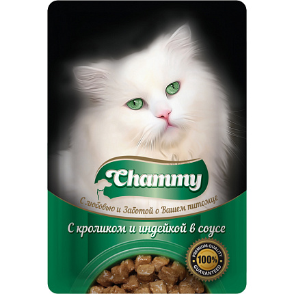 Корм конс д/кошек "Chammy" с кроликом и индейкой в соусе,85гр
